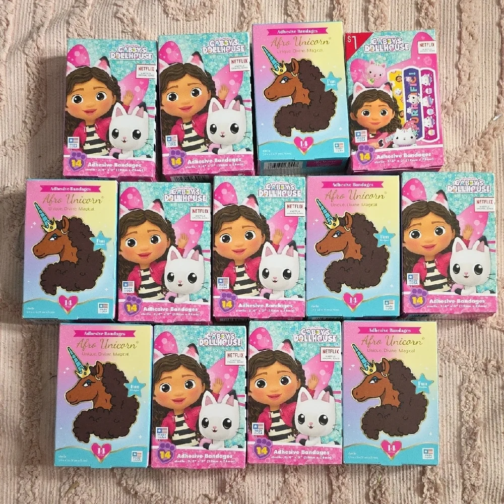 Gabby's Dollhouse And Afro Unicorn Adhesive Bandages,‎ 13 Boxes, New